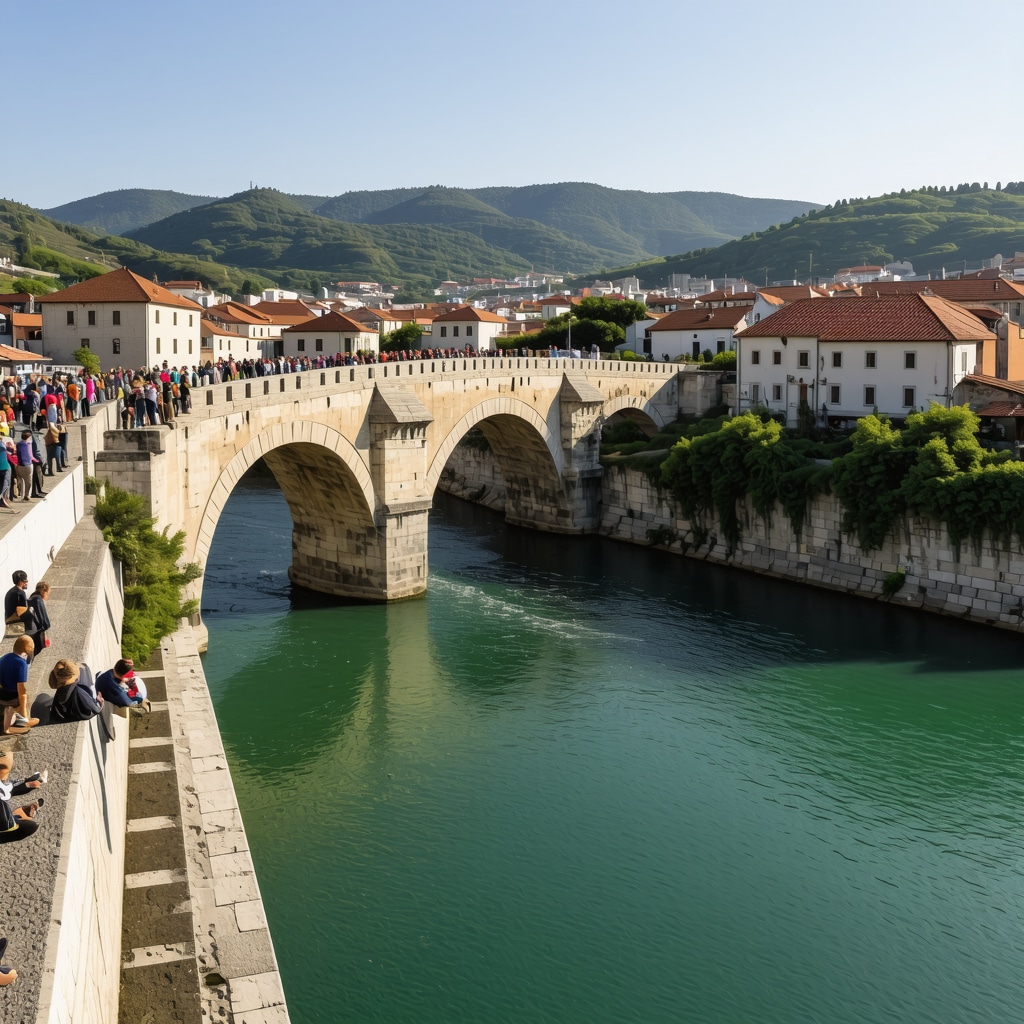 Mostar cityscape featuring the historic Stari Most bridge over the Neretva River with traditional buildings and tourists