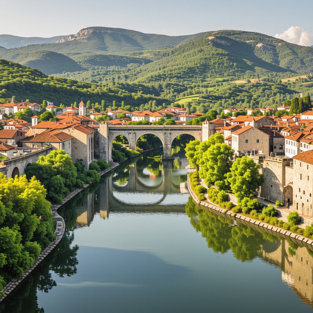 Mostar city panorama featuring Stari Most bridge and eco-friendly urban development