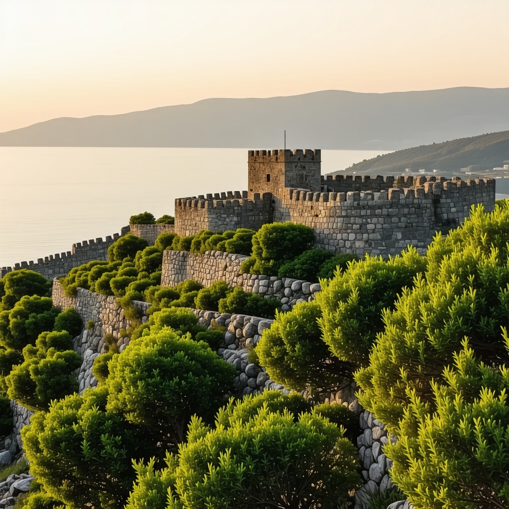 View of Nehaj Fortress and Adriatic Sea in Senj during sunset