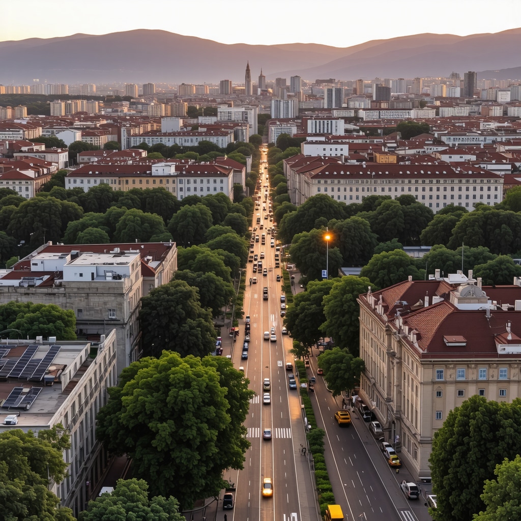 Panoramic view of Sarajevo blending historic and modern architecture at sunset Sarajevo cityscape showcasing a mix of Ottoman, Austro-Hungarian, and modern buildings with smart city technologies