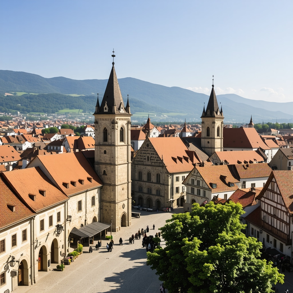 Historic buildings in Sibiu with red roofs and Carpathian mountains in background