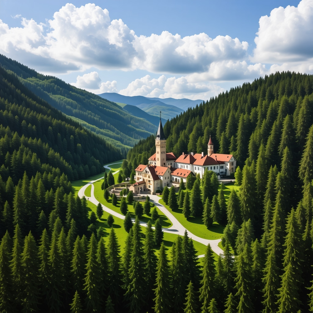 Aerial photo showcasing Sinaia's castles, forests, and eco-tourism features within the Carpathian Mountains