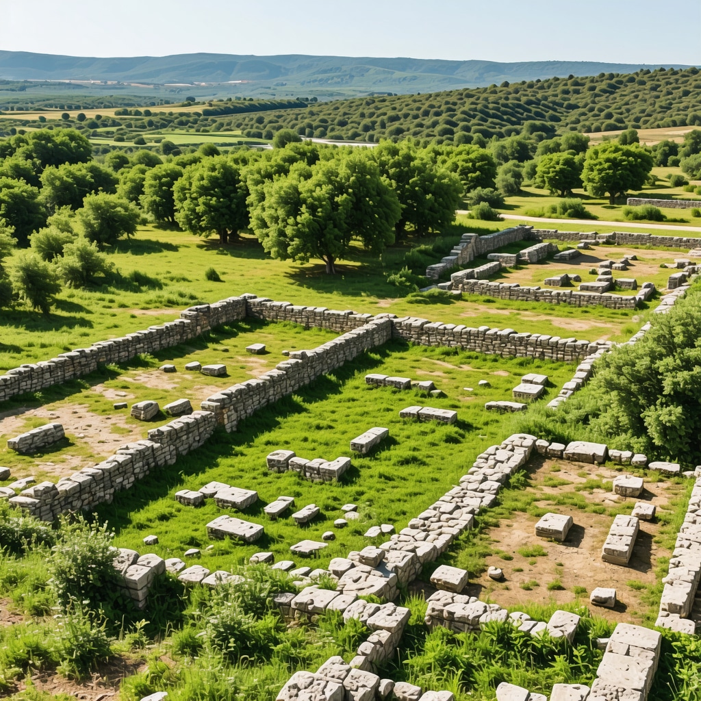 Ruins of Stobi archaeological site with rivers and greenery