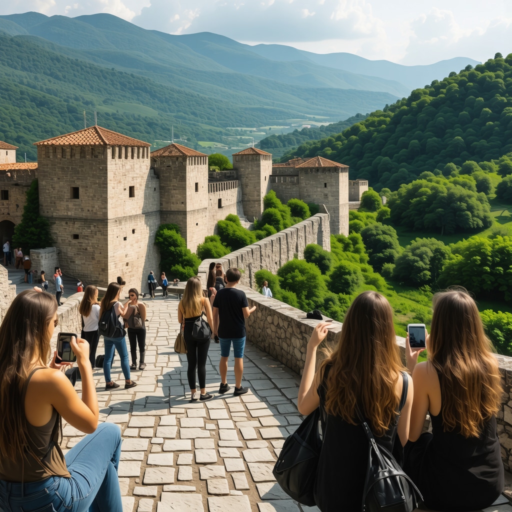 Tourists at Stolac fortress using digital guides amidst green mountainous landscape