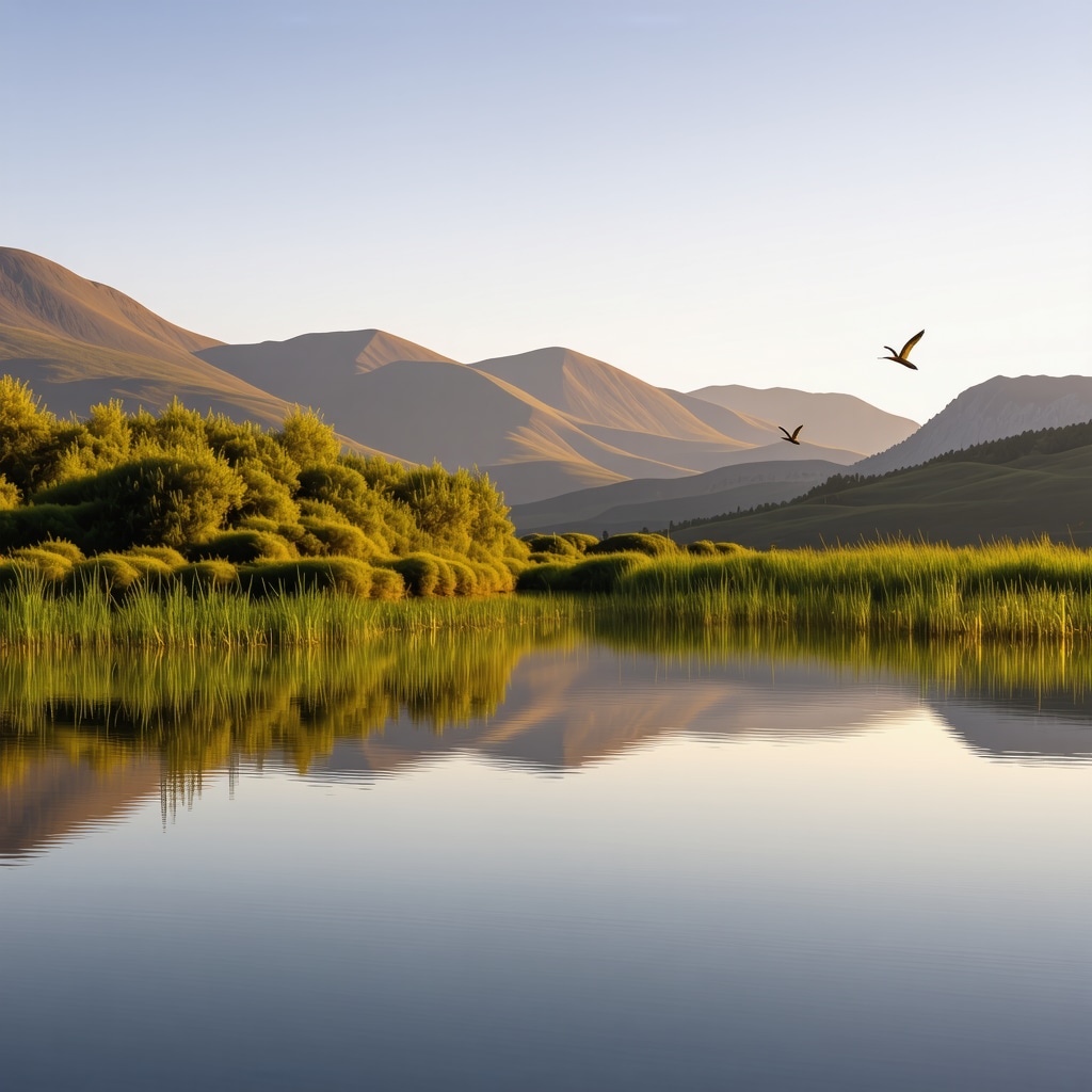 Pelicans flying over a tranquil lagoon in Divjakë National Park during sunset