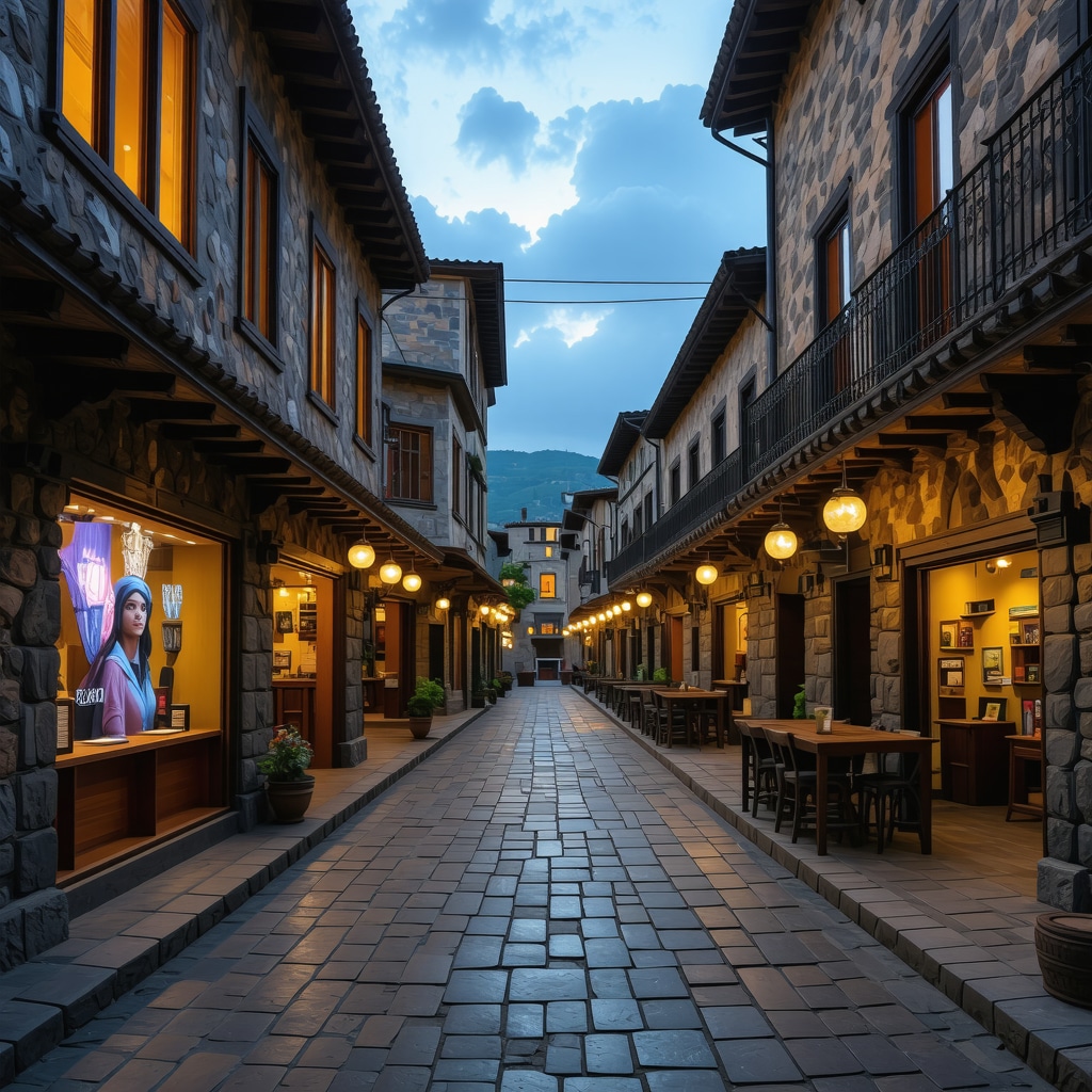Traditional Prizren street with digital interactive exhibits showcasing cultural heritage