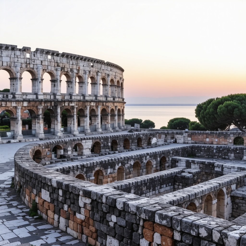Roman amphitheater in Pula with Adriatic sea at sunset showing harmony of history and nature