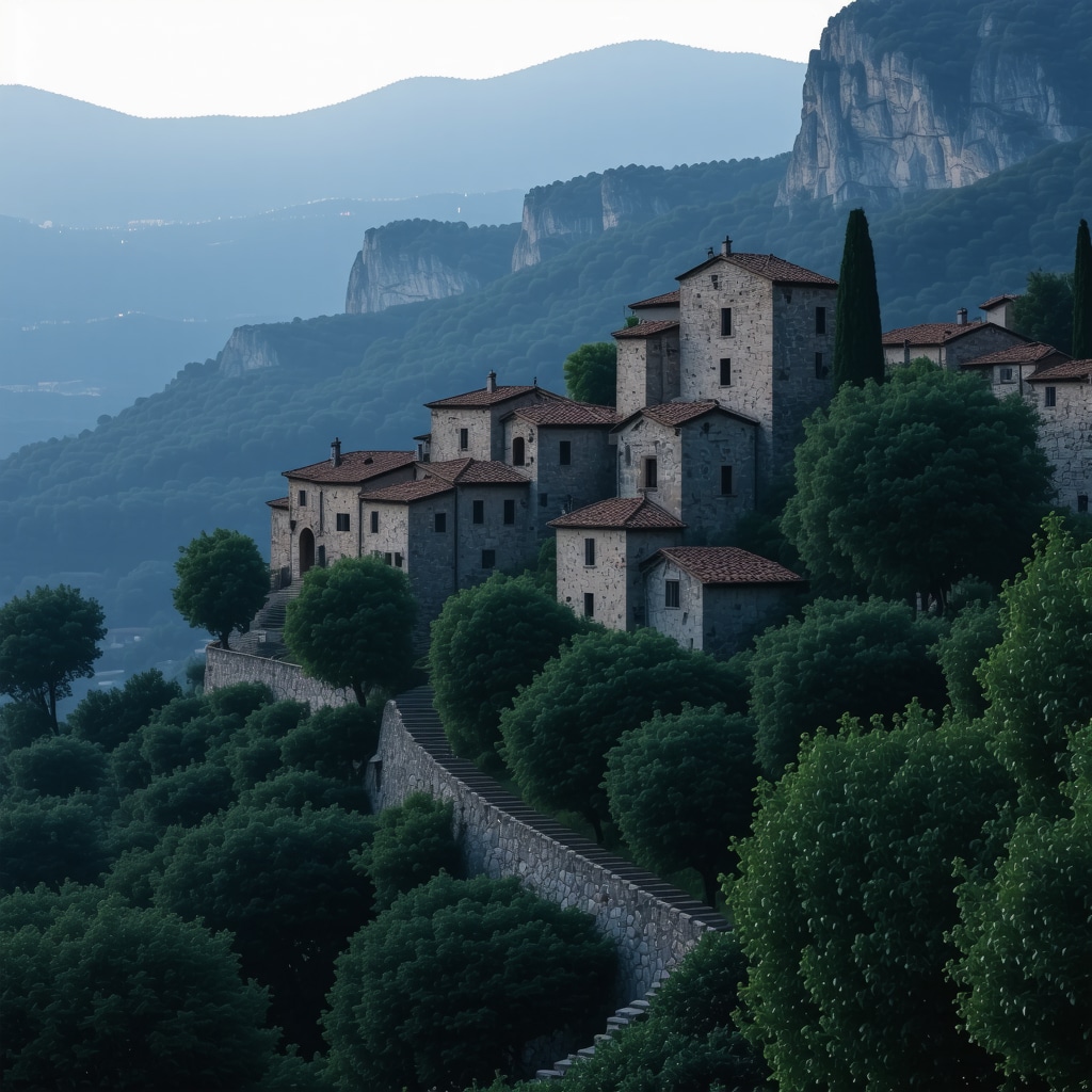 Ancient stone buildings in a mountainous Balkan town at twilight with mist and cultural ambiance