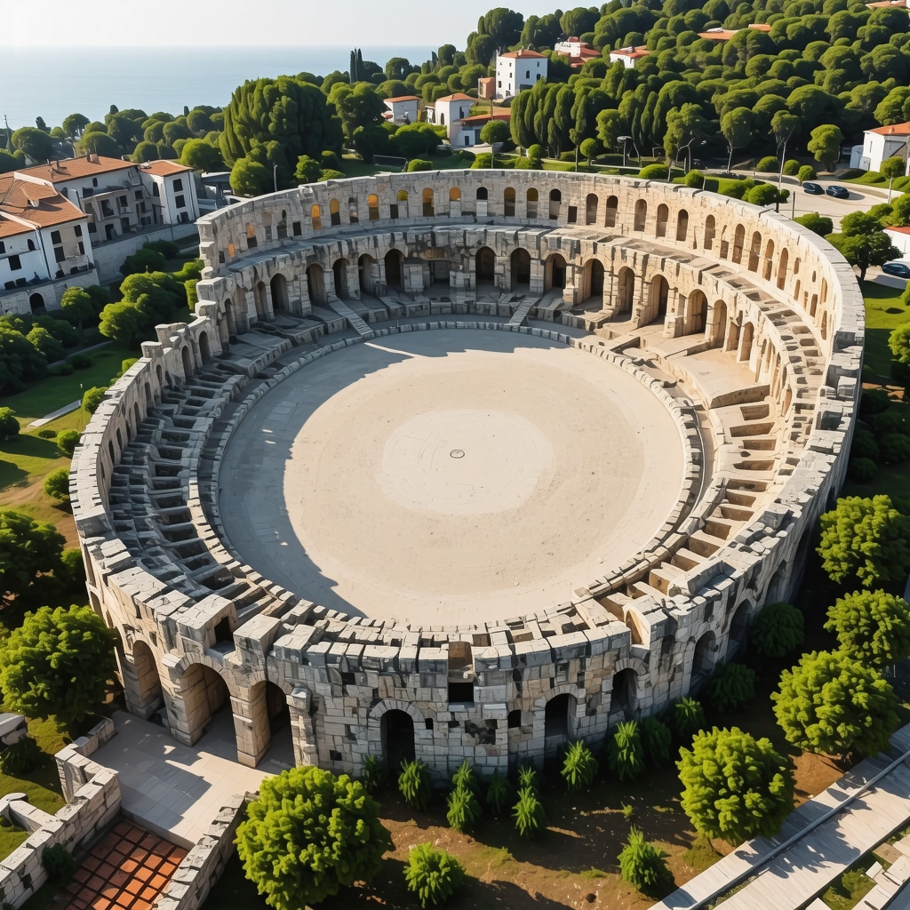 Aerial view of Pula's Roman amphitheater with augmented reality technology and sustainable restoration efforts