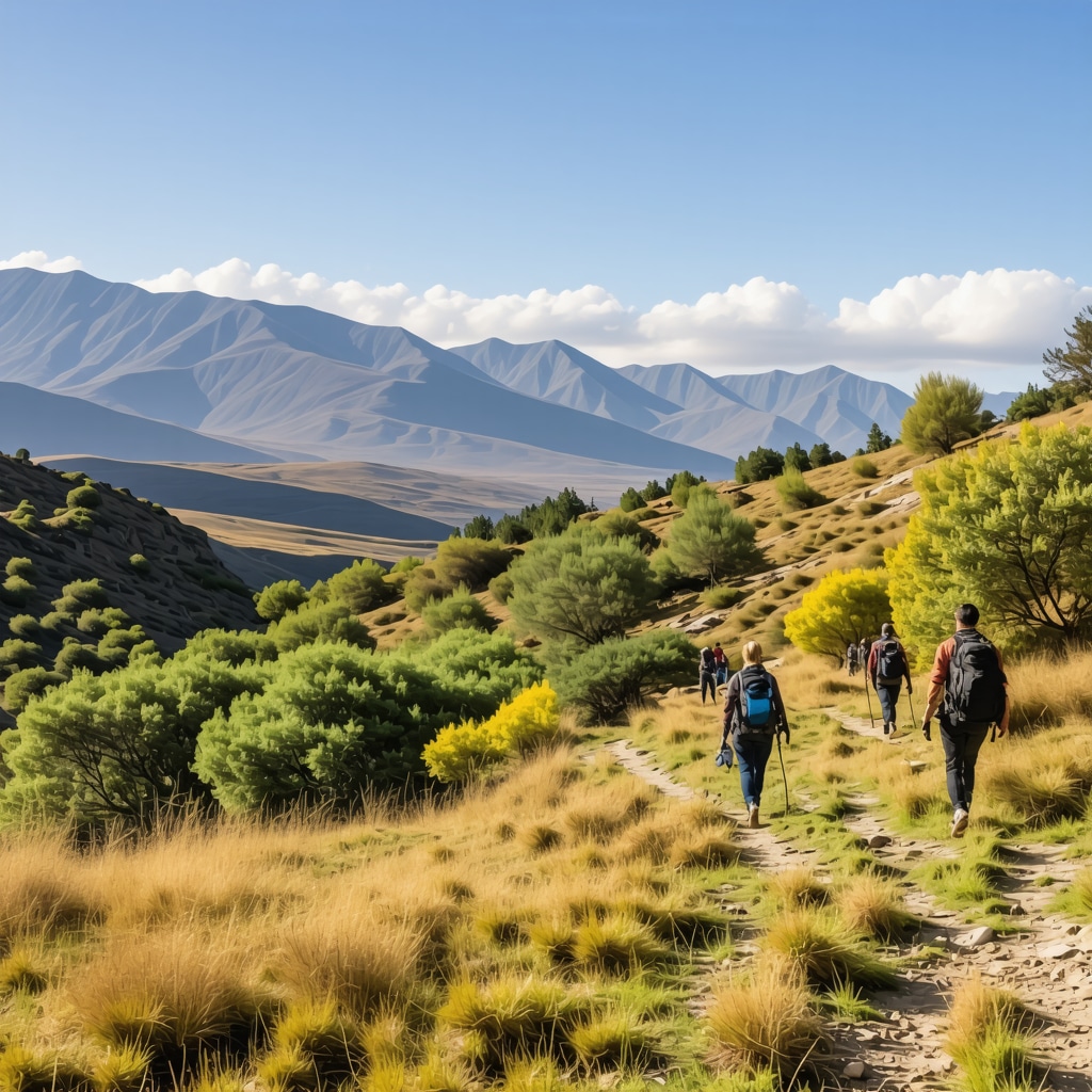 Panoramic view of Sharri mountains with traditional villages and hikers in autumn