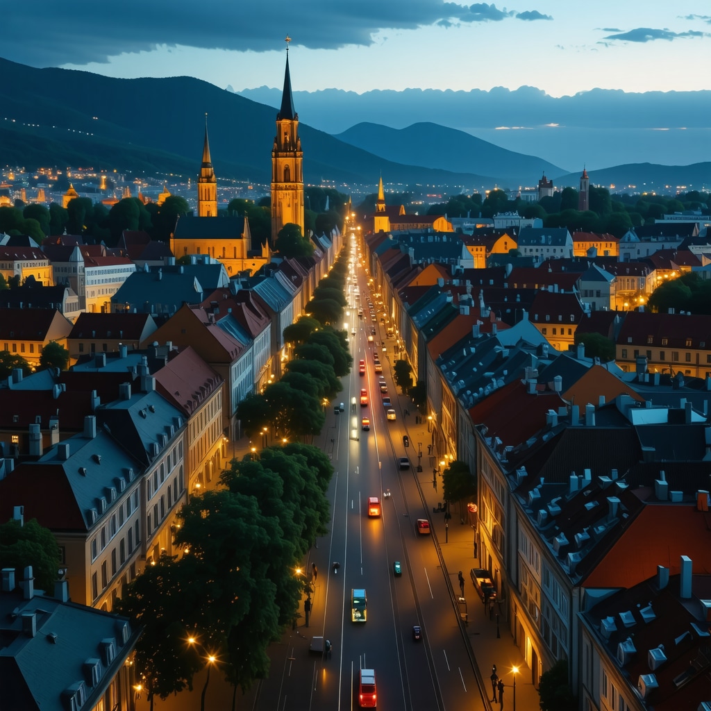 Futuristic Ljubljana cityscape blending historical landmarks with smart technology and sustainable tourism elements