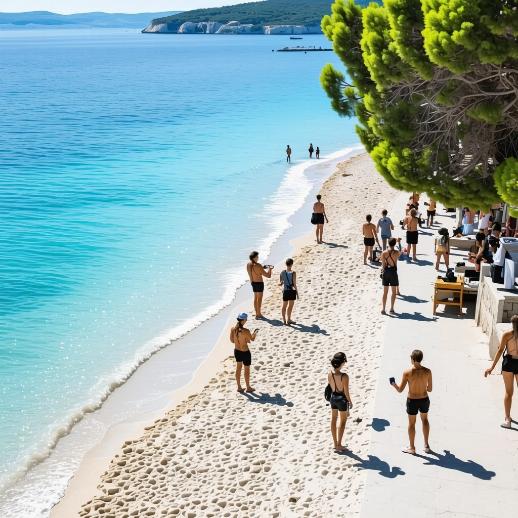 Aerial image depicting smart sensors on Vodice beaches and tourists using mobile apps for sustainable tourism