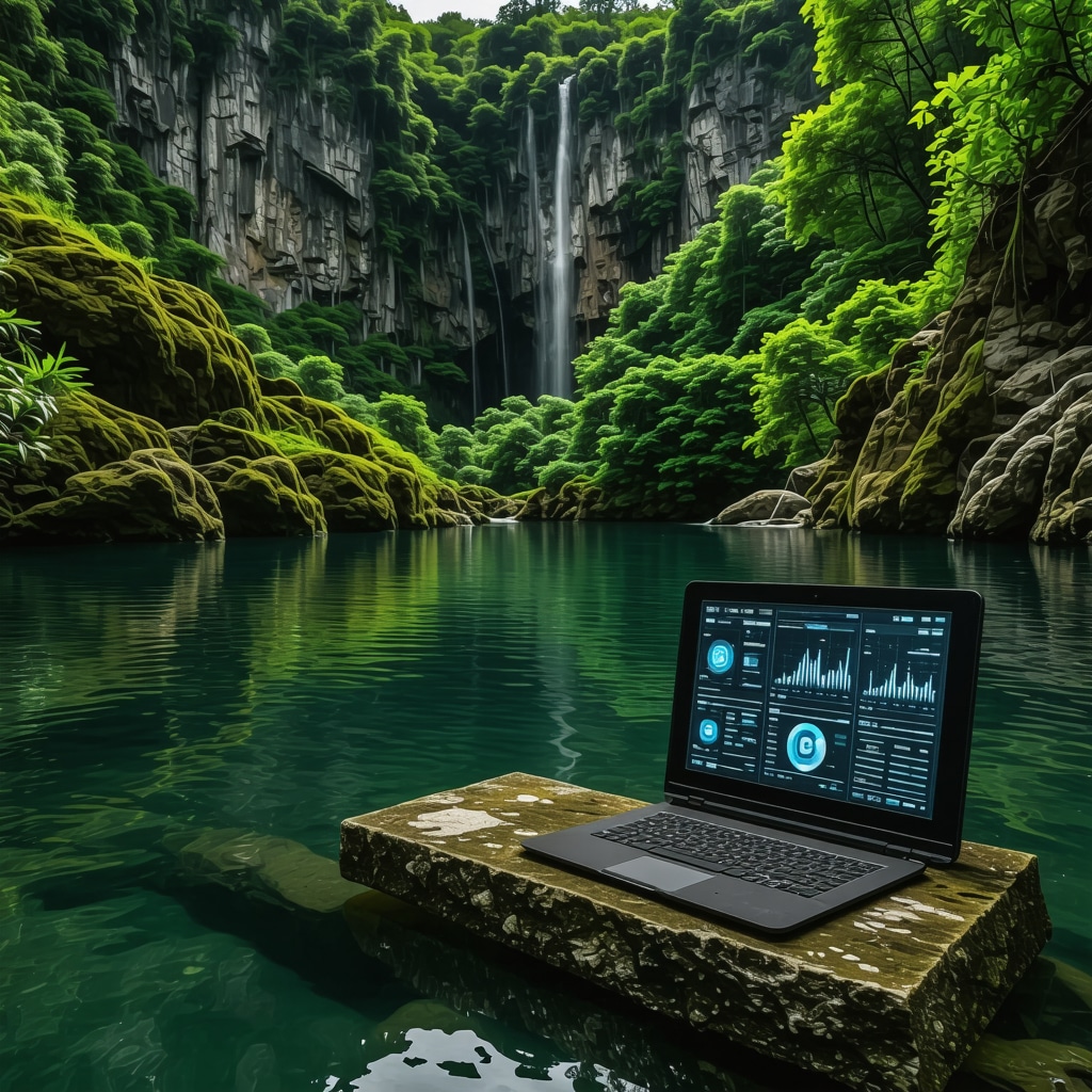 Illustration of IoT sensors and digital data analytics monitoring water quality at Bosna river source surrounded by forest