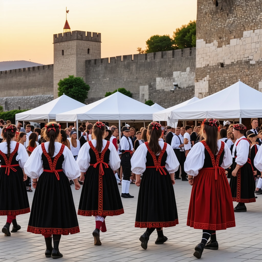 Festival in Smedereva featuring traditional Serbian costumes and crafts near the medieval fortress at sunset