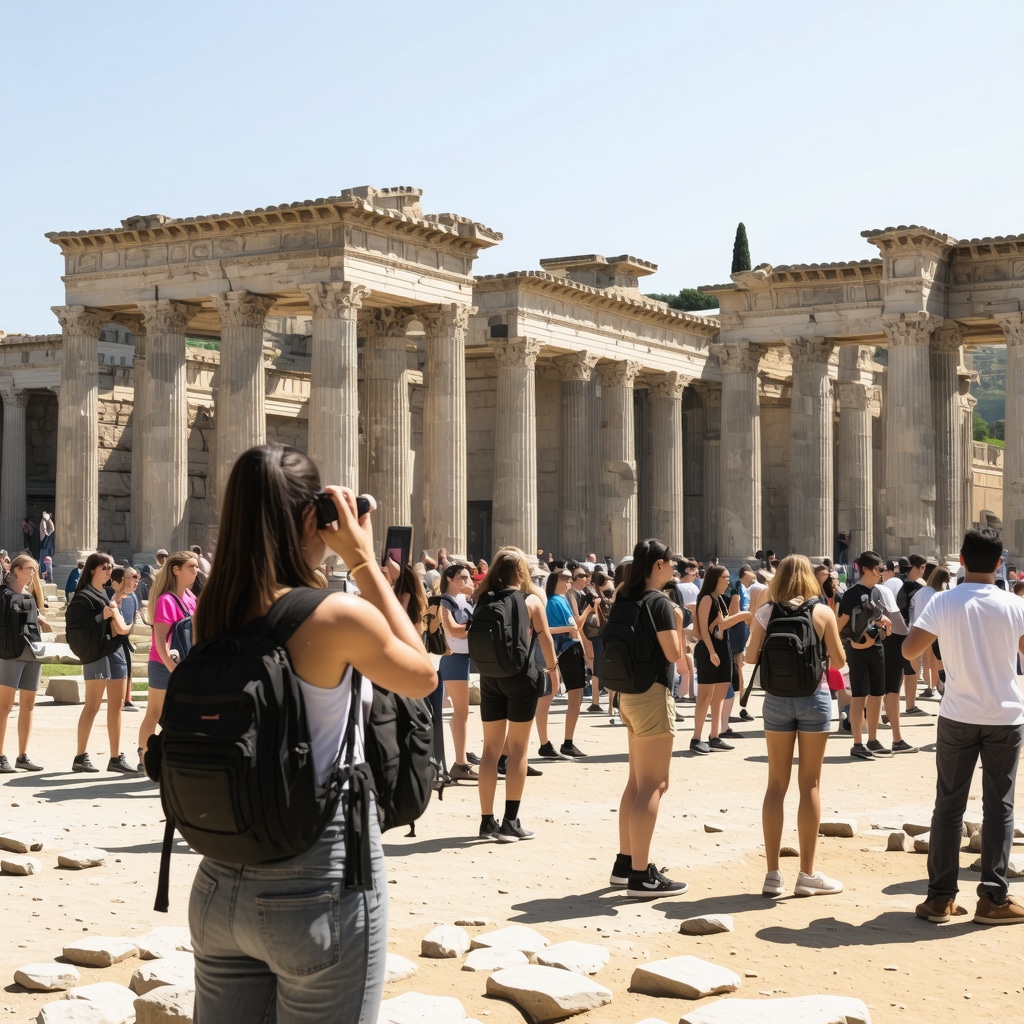 Ancient ruins of Stobi with digital augmented reality reconstructions and tourists