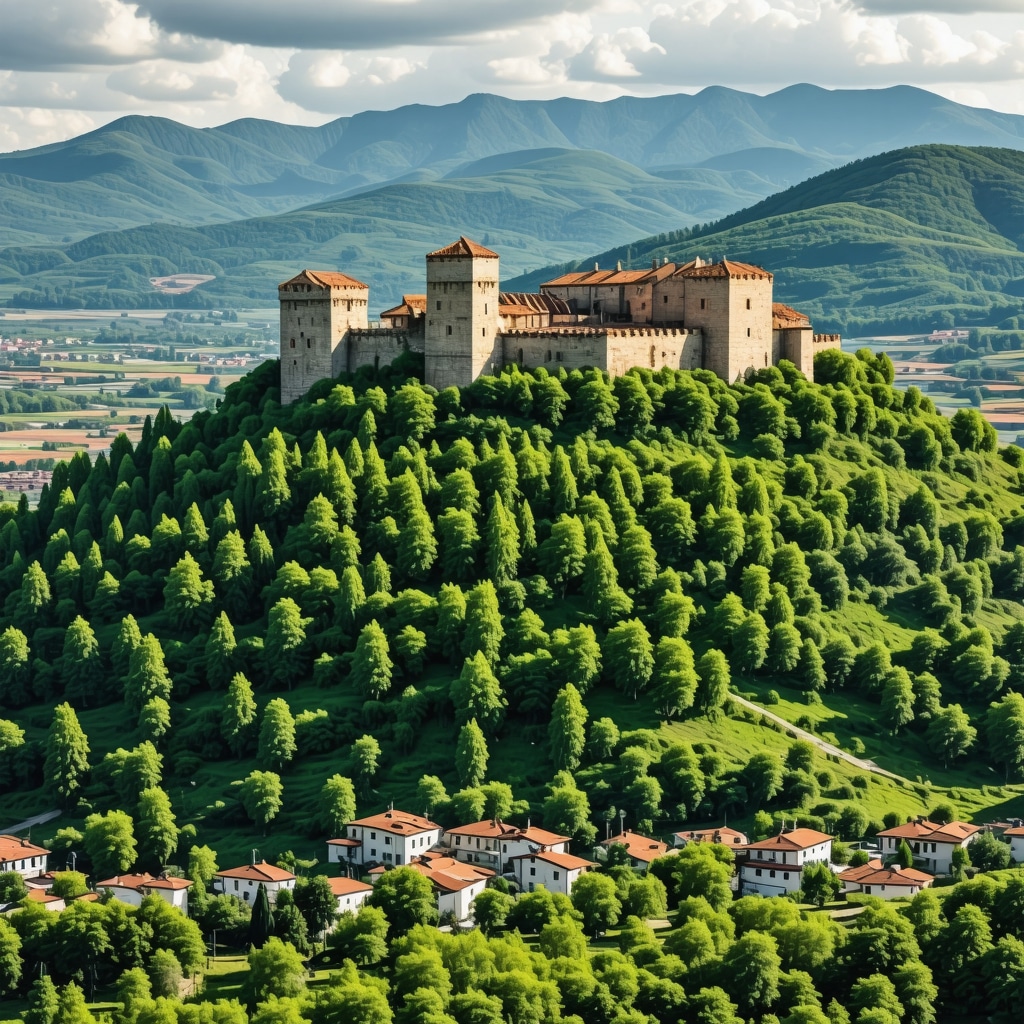 Aerial panorama of Stolac fortress on hill with digital icons symbolizing smart tourism management