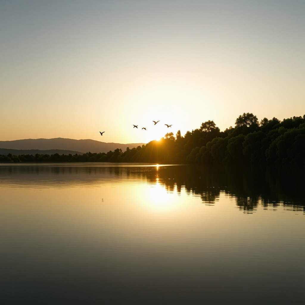 Sunset view of pelicans flying over a calm lagoon surrounded by greenery in Divjakë-Karavasta National Park