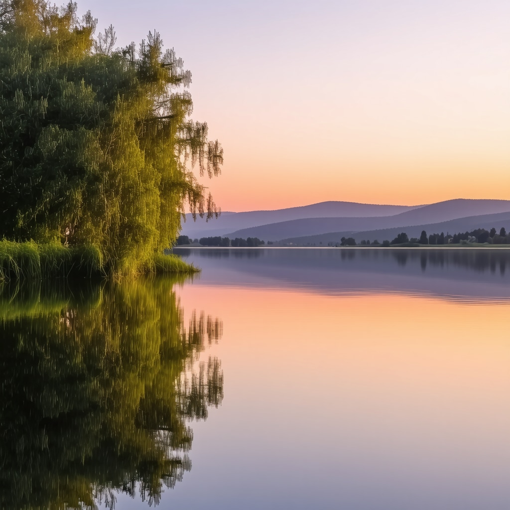 Scenic sunset view over Smilkovski Lake with reflections and greenery near Gevgelija