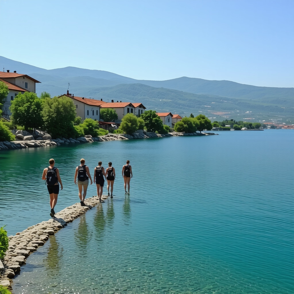 Tourists hiking near Lake Ohrid with clear water and traditional Balkan houses in the background representing sustainable eco-tourism