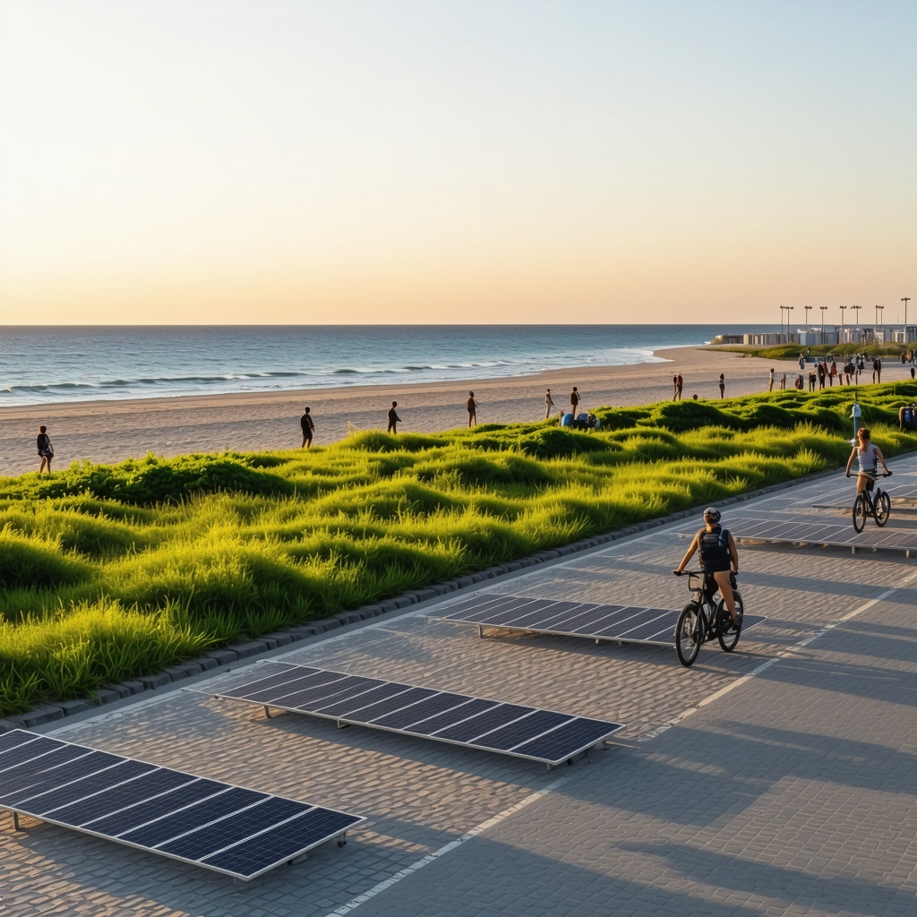 Mamaia beach with eco-friendly tourism infrastructure and tourists enjoying nature
