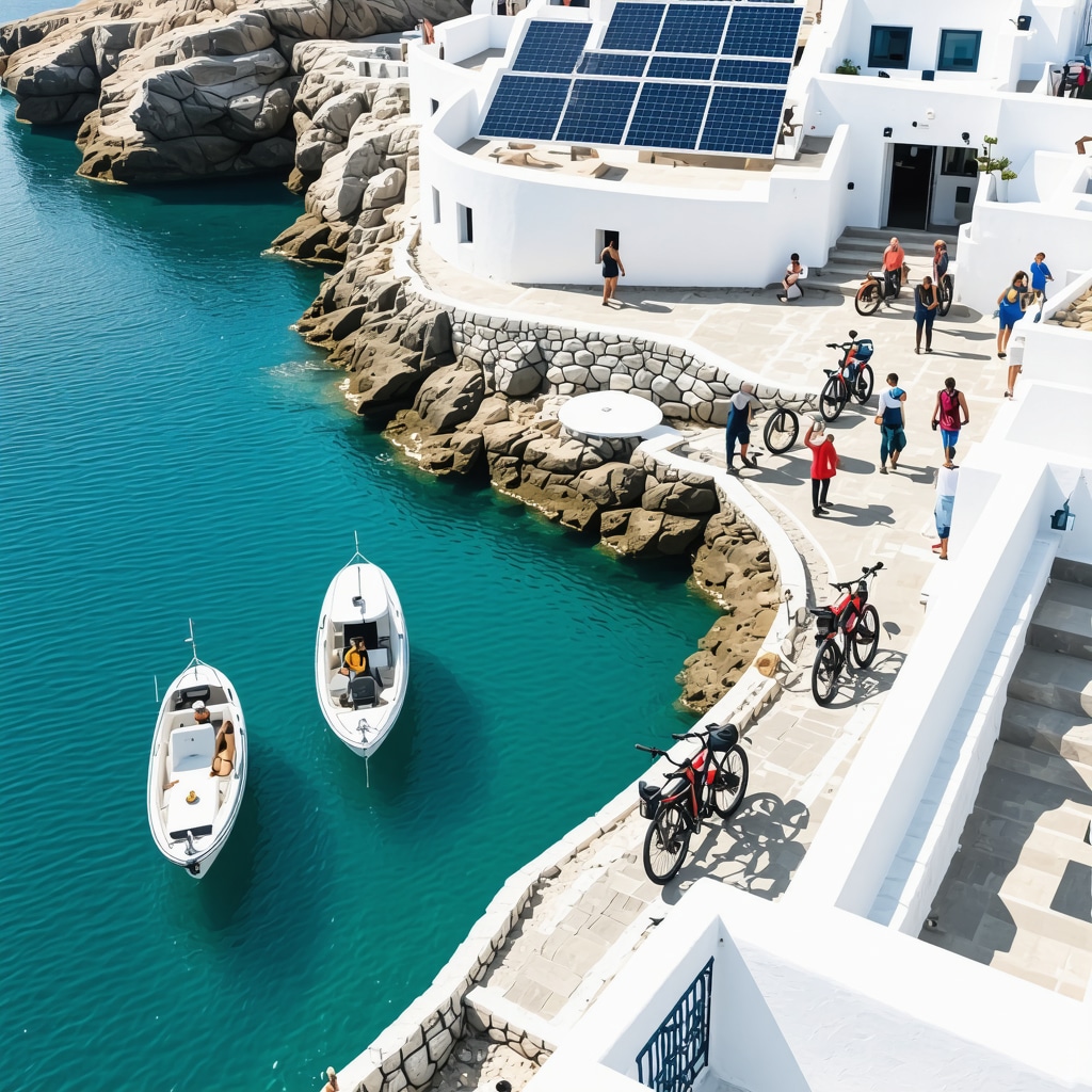 Aerial view of Mykonos island highlighting solar panels, electric boats, and eco-friendly tourist transport
