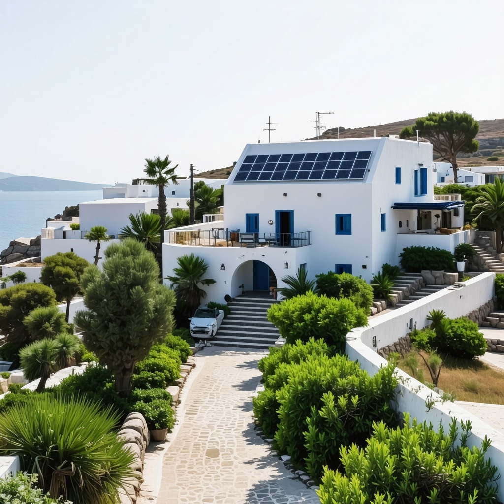 Aerial view of Mykonos with solar panels, electric vehicles, and traditional architecture illustrating sustainable tourism
