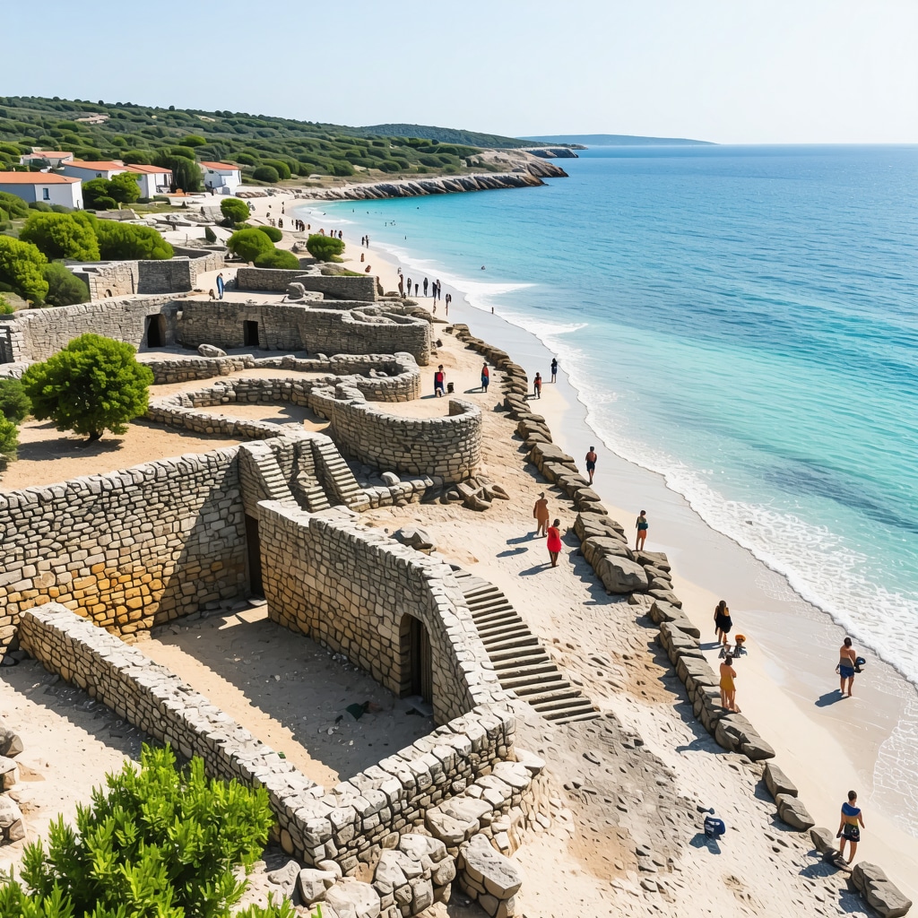 Aerial photo showing preserved ancient ruins next to crystal clear beaches with eco-friendly tourist facilities in Nin, Croatia