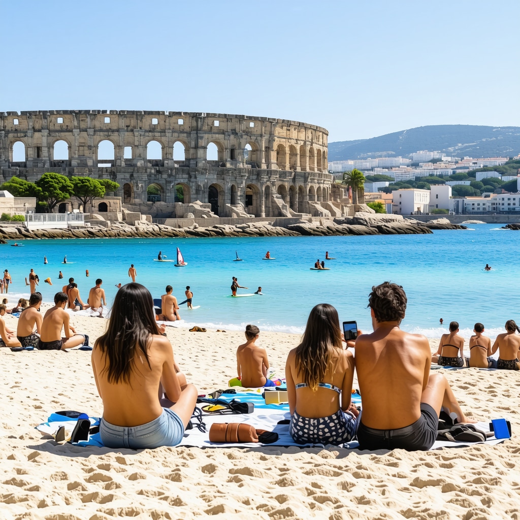 Tourists engaging in eco-friendly beach activities near the Roman amphitheater in Durrës with digital guides
