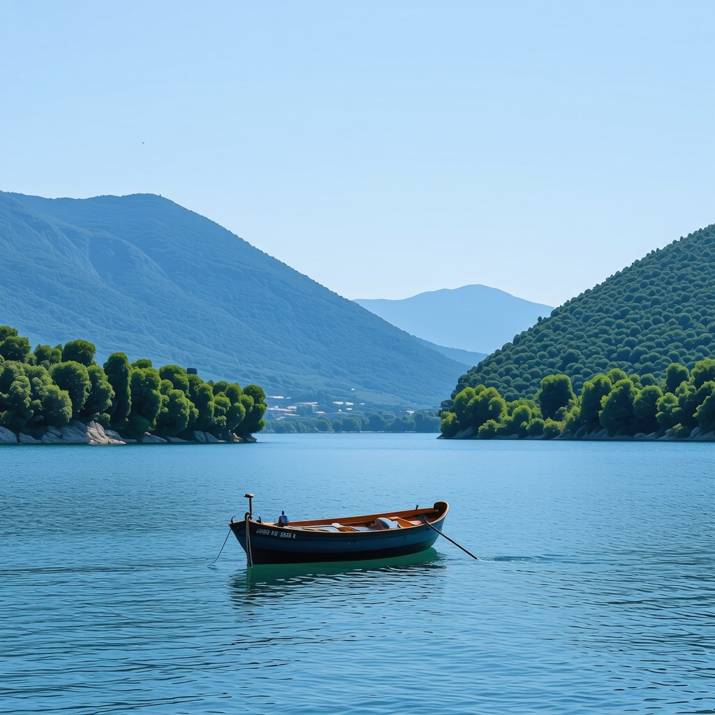 Electric boat on crystal-clear Lake Ohrid surrounded by green mountains symbolizing sustainable tourism