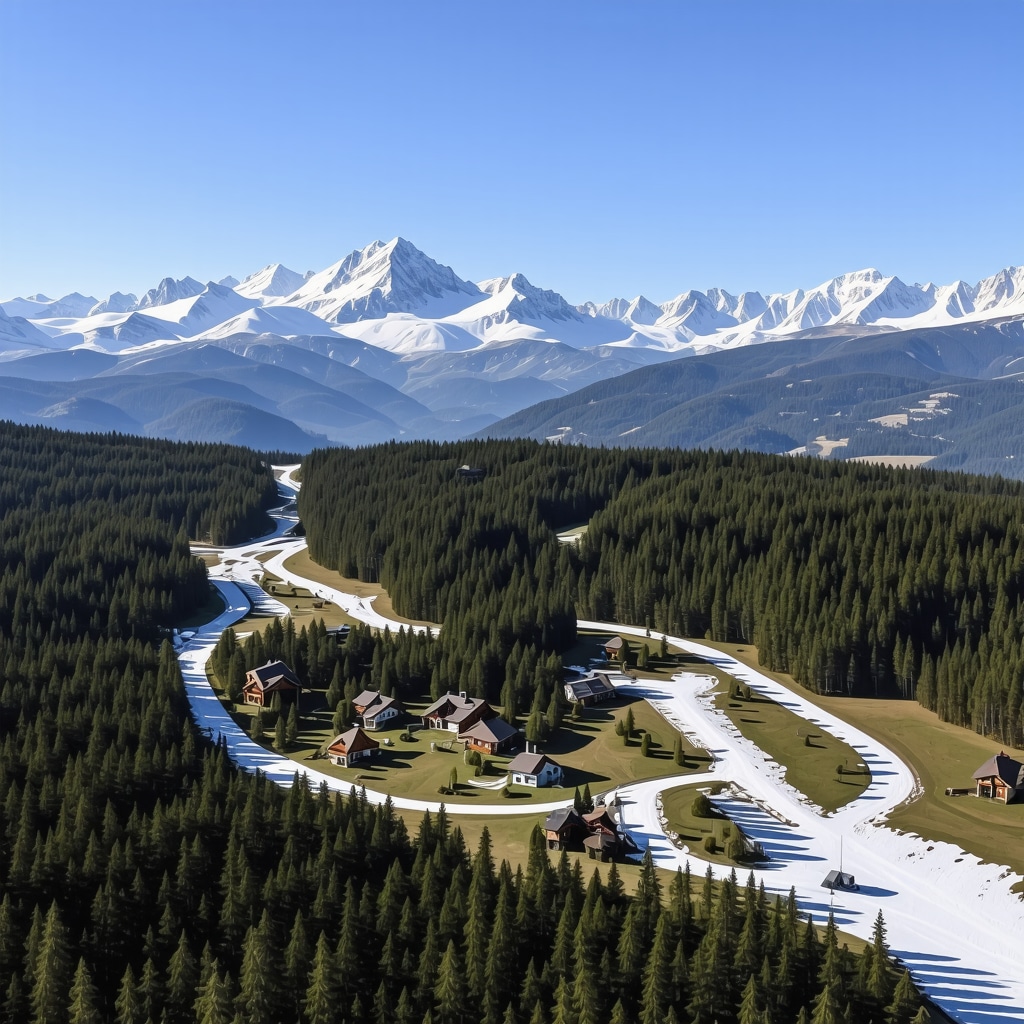 Aerial view of Žabljak with eco-friendly lodges, hiking trails, and snow-capped mountains