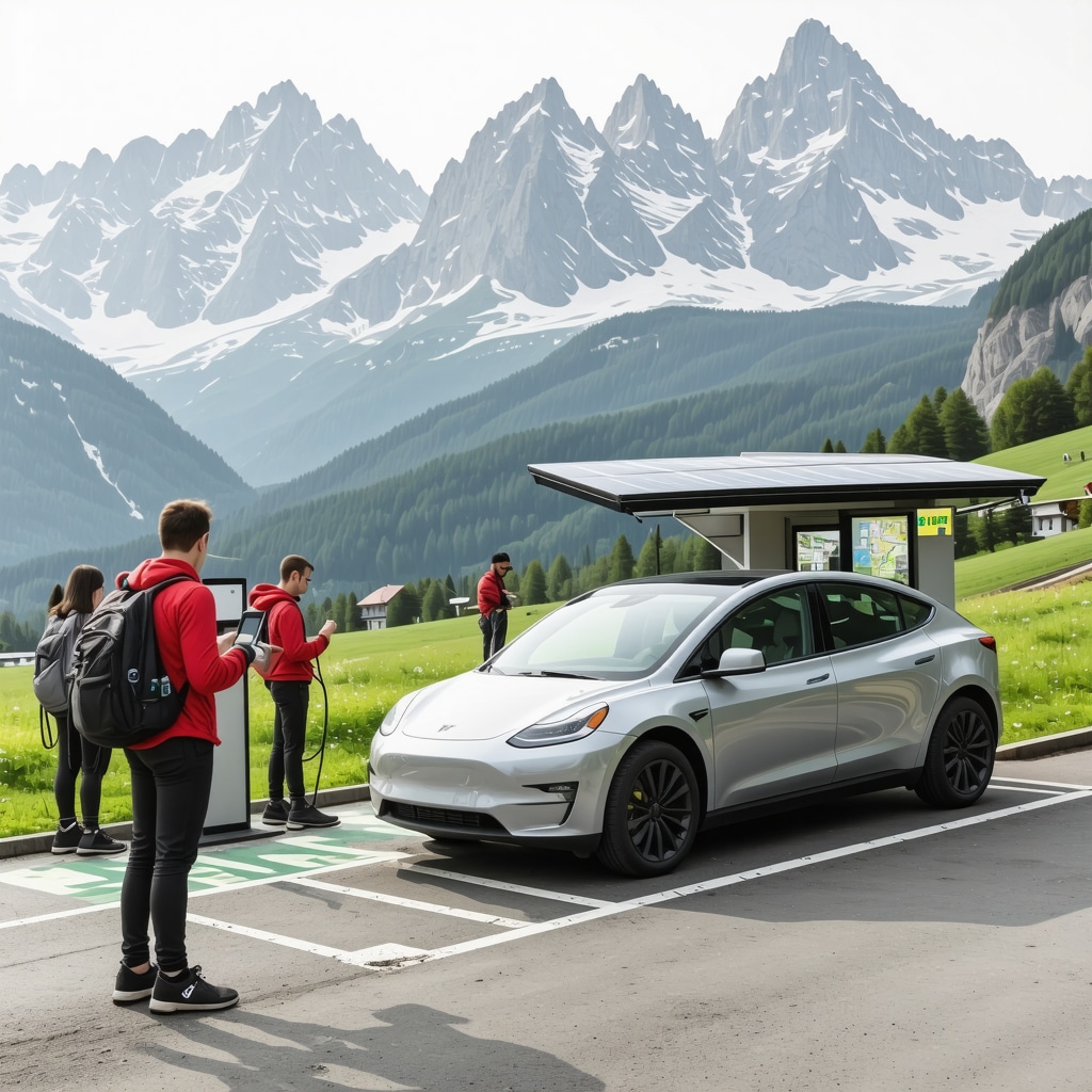 Electric vehicle charging stations and hikers using smartphone apps in Žabljak with alpine mountains in background