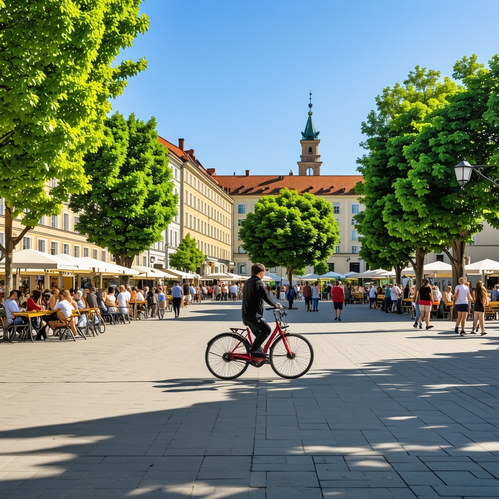 Ljubljana cityscape featuring bicycles, green parks, historic and modern buildings, and outdoor cafes in spring