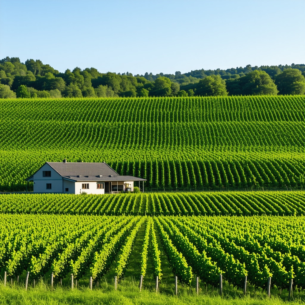 Rolling green vineyards with eco-friendly winery buildings under clear skies near Maribor