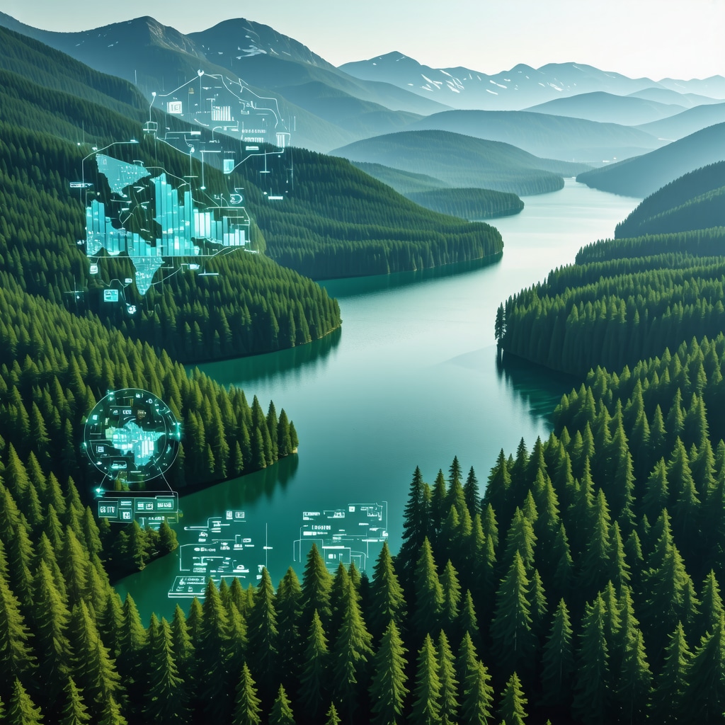 Aerial landscape of Lake Silver with forests, mountains and digital ecological data overlays illustrating advanced environmental monitoring and community collaboration