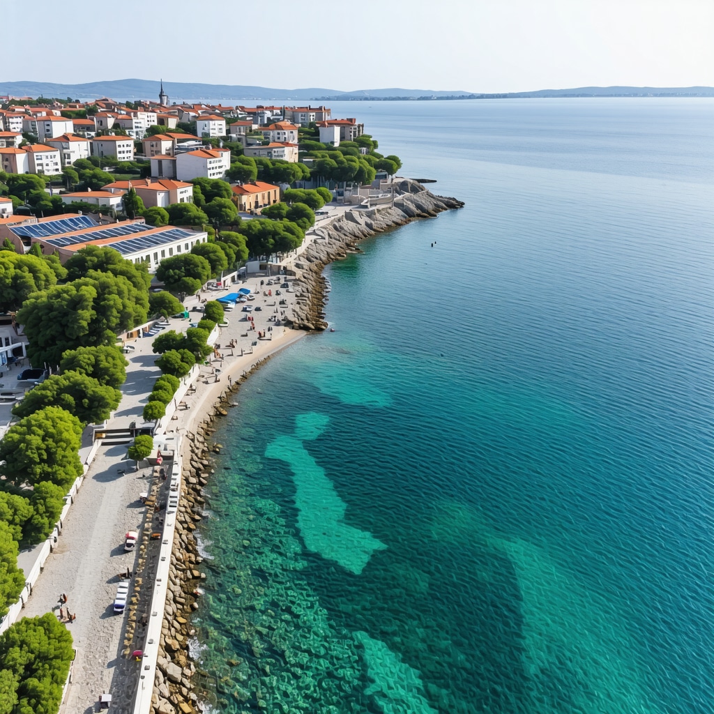 Aerial view of Constanta's sustainable beach resorts, marine protected areas, and cultural festival activities