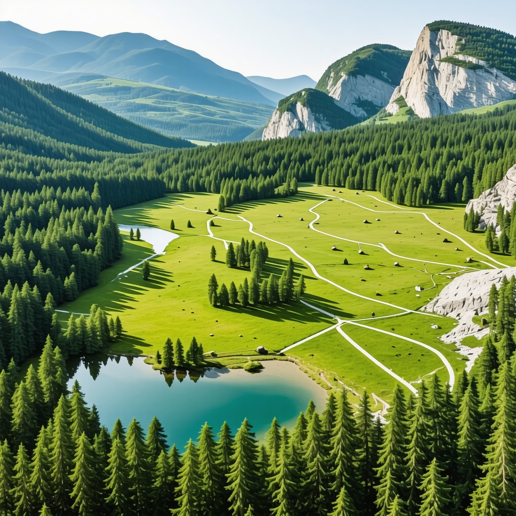 Aerial view of hiking trails, lake, and sustainable tourism infrastructure in Bohinj National Park
