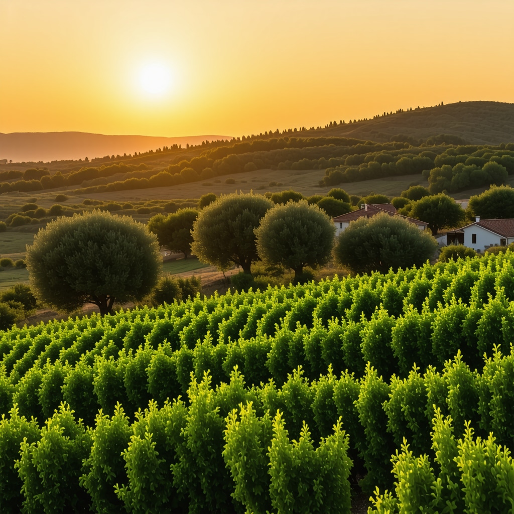 Rural landscape of Tekirdağ with traditional houses, olive groves and vineyards during sunset