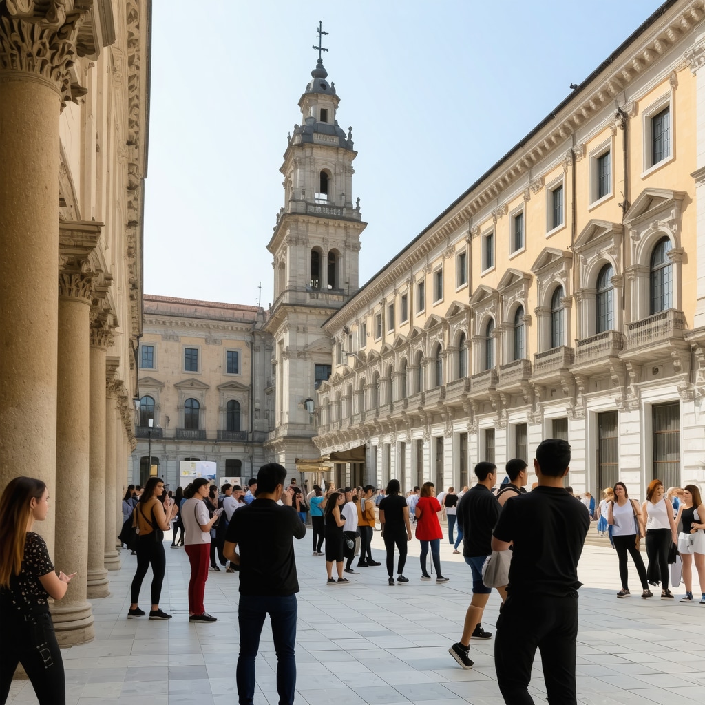 Historic and modern buildings in Tirana with people using advanced technology for cultural heritage preservation