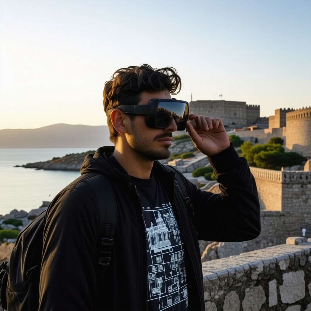 Tourist wearing augmented reality glasses exploring Venetian castle ruins in Nafplio with digital information overlays