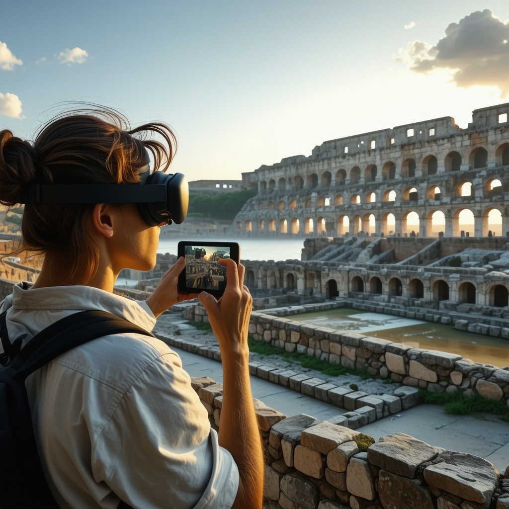 Tourist wearing augmented reality glasses exploring the ancient Roman amphitheater in Pula with interactive historical overlays