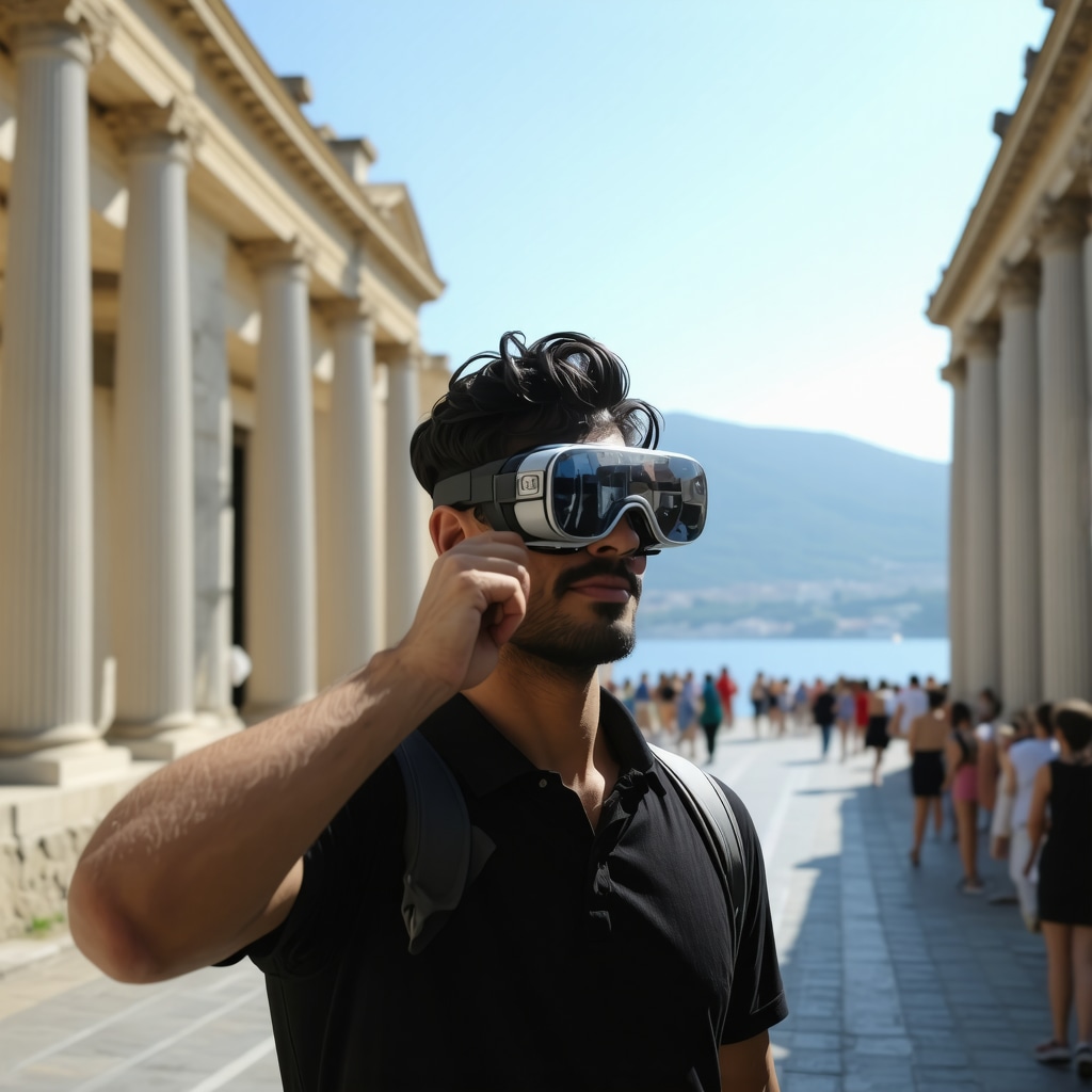 Tourist wearing augmented reality glasses exploring historical sites in Patras, Greece