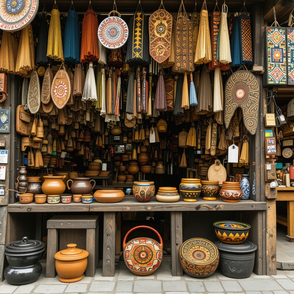 Artisan market showcasing Bulgarian crafts in Veliko Tarnovo with wood carvings, ceramics, and textiles