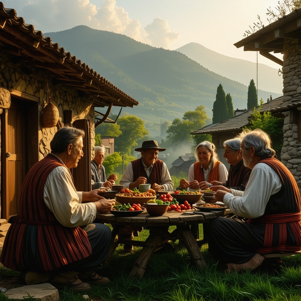 Locals sharing traditional food and stories in a Balkan village with green mountains during sunset