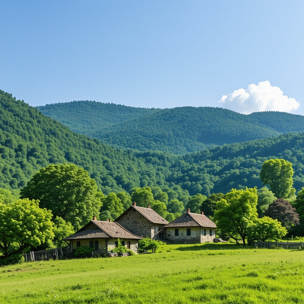 Gabrovo traditional houses surrounded by green mountains under clear sky