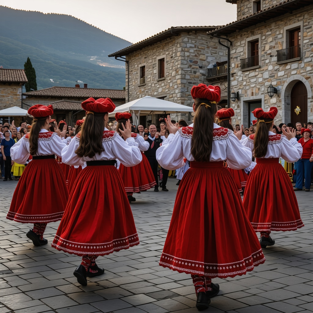 Dancers in colorful traditional costumes performing at a historic square in Kërçovë with mountains in the background