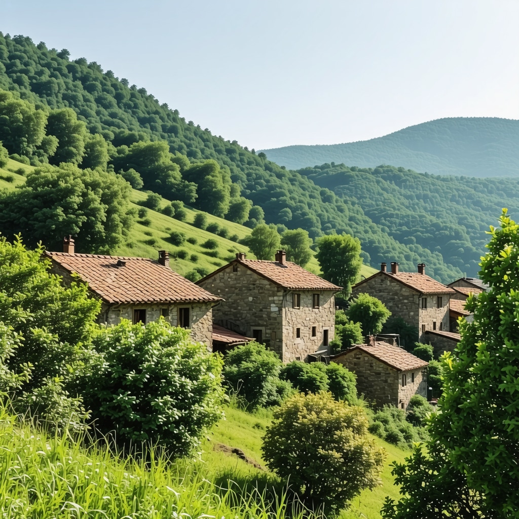 Traditional stone houses with green mountainous landscape in Kërçovë, North Macedonia
