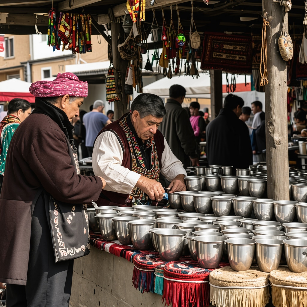 Artisans crafting traditional silver cups and rugs in Gjakova's market surrounded by Ottoman architecture