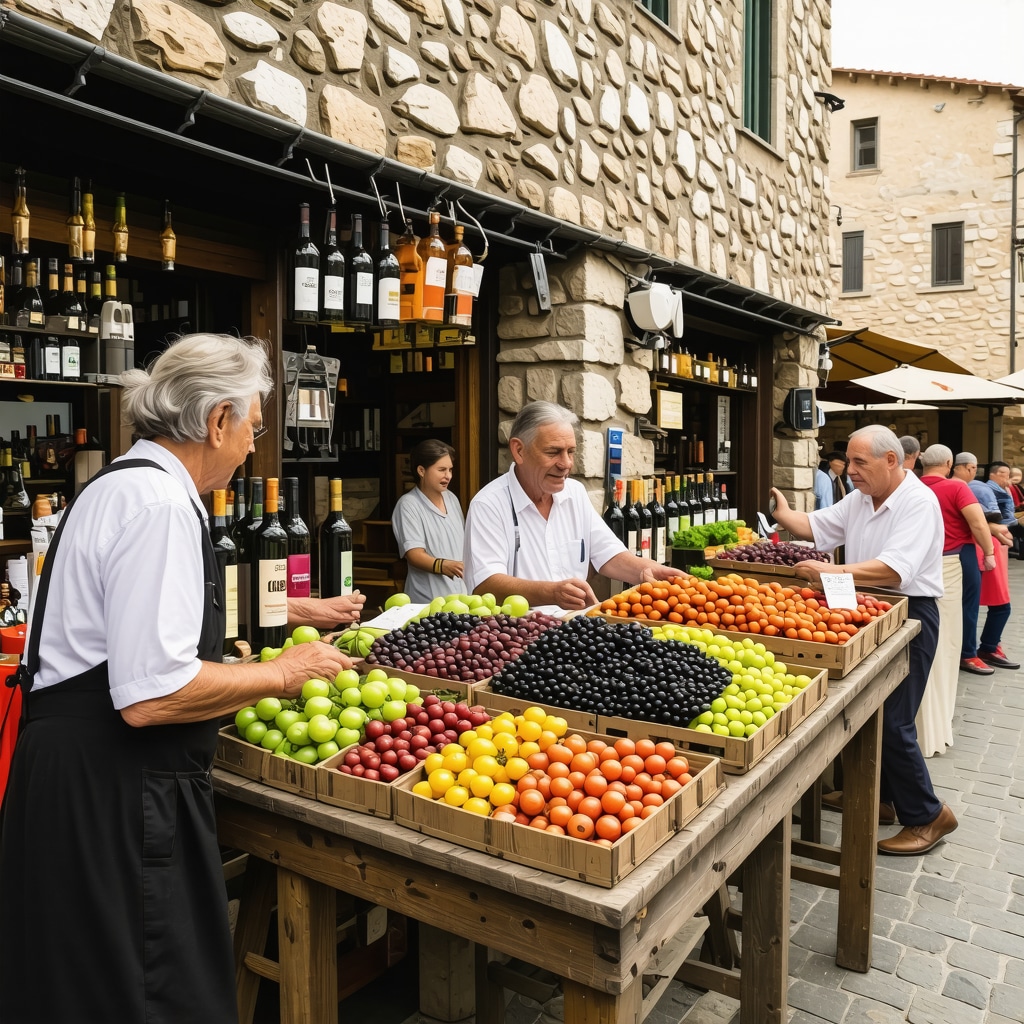 Locals selling local wines and artisanal foods in a traditional market setting in historic Trebinje