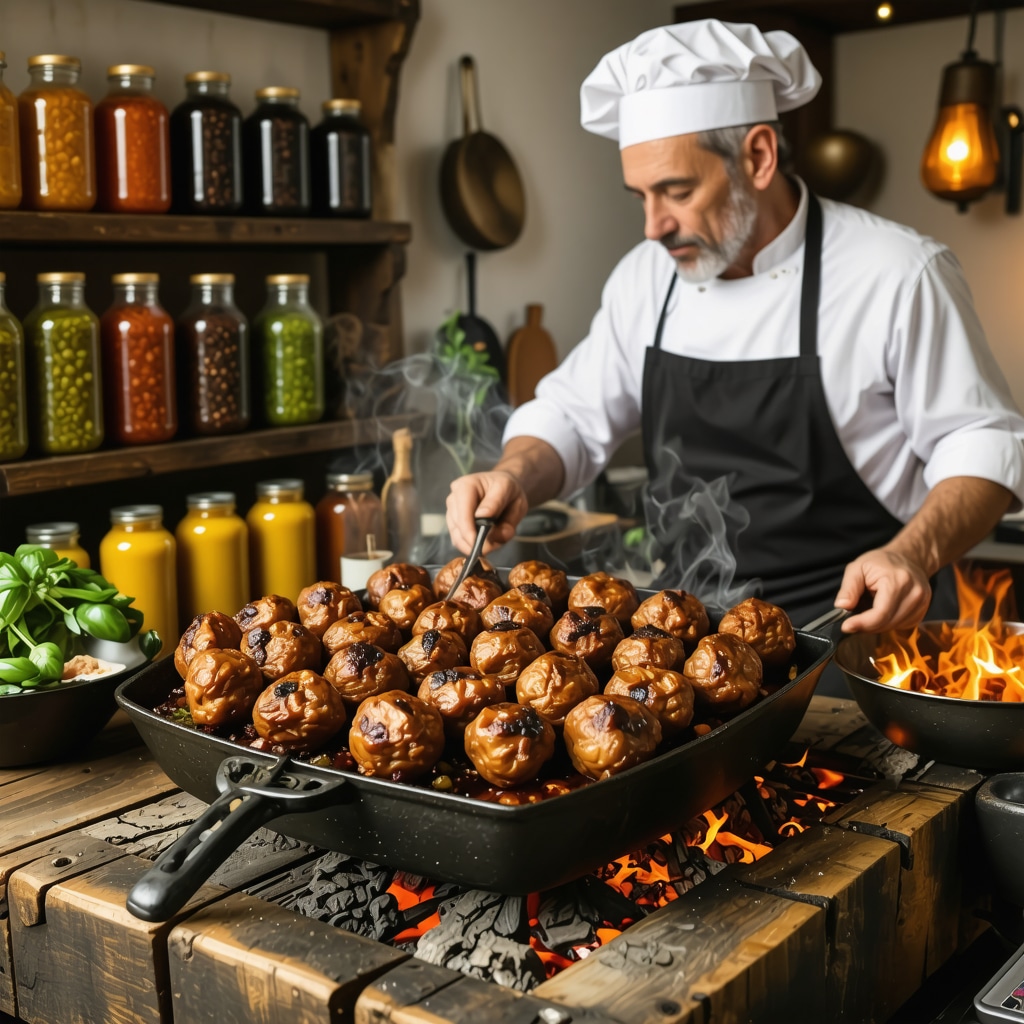 Chef slow-roasting Tekirdağ köfte over wood fire with traditional fermented vegetables and olive oil jars in rustic kitchen