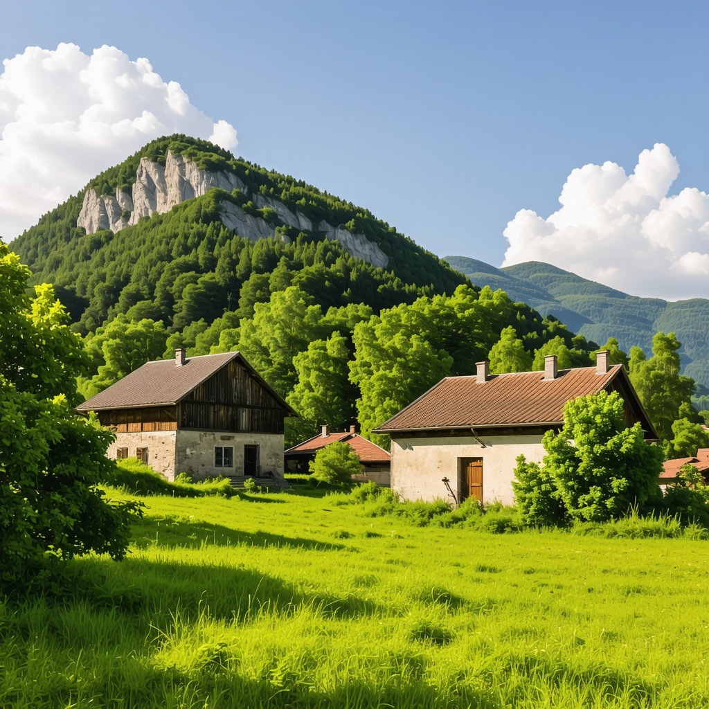 Traditional Serbian village houses in lush mountainous area near Tutin